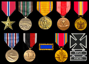 Bronze Star, European-African-Middle Eastern Campaign, American Defense Service Medal, Army Good Conduct Medal, National Defense Service Medal, American Campaign, Occupation Medal, Presidential Unit Citation Ribbon, WWII Victory Medal, Marksman/Rifle & Pistol, 5 year and 10 year Iowa National Guard Service Medals (no examples shown), Combat Infantry Badge (above)