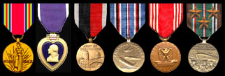 WWII Victory Medal; Purple Heart, Army of Occupation Medal; American Campaign Medal; Good Conduct Medal; European-African-Middle Eastern Theater w/3 Bronze Battle Stars