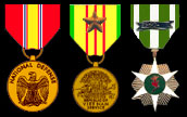 National Defense Medal; Vietnam Service Medal with gold star attachment; Vietnam Campaign Medal