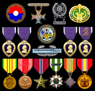 Top: 9th Infantry Div. Patch, Sharpshooter Badge with Rifle Bar; Expert Badge with Pistol Bar; This We'll defend Patch; Second Row: 3 Purple Hearts; 4th Purple Heart with two oak leaf clusters; US Army seal, Combat Infantryman Badge; Bottom Row: Vietnam Service Medal; Good Conduct Medal; Bronze Star, Vietnam Campaign Ribbon, Vietnamese Commendation, National Defense Service Medal